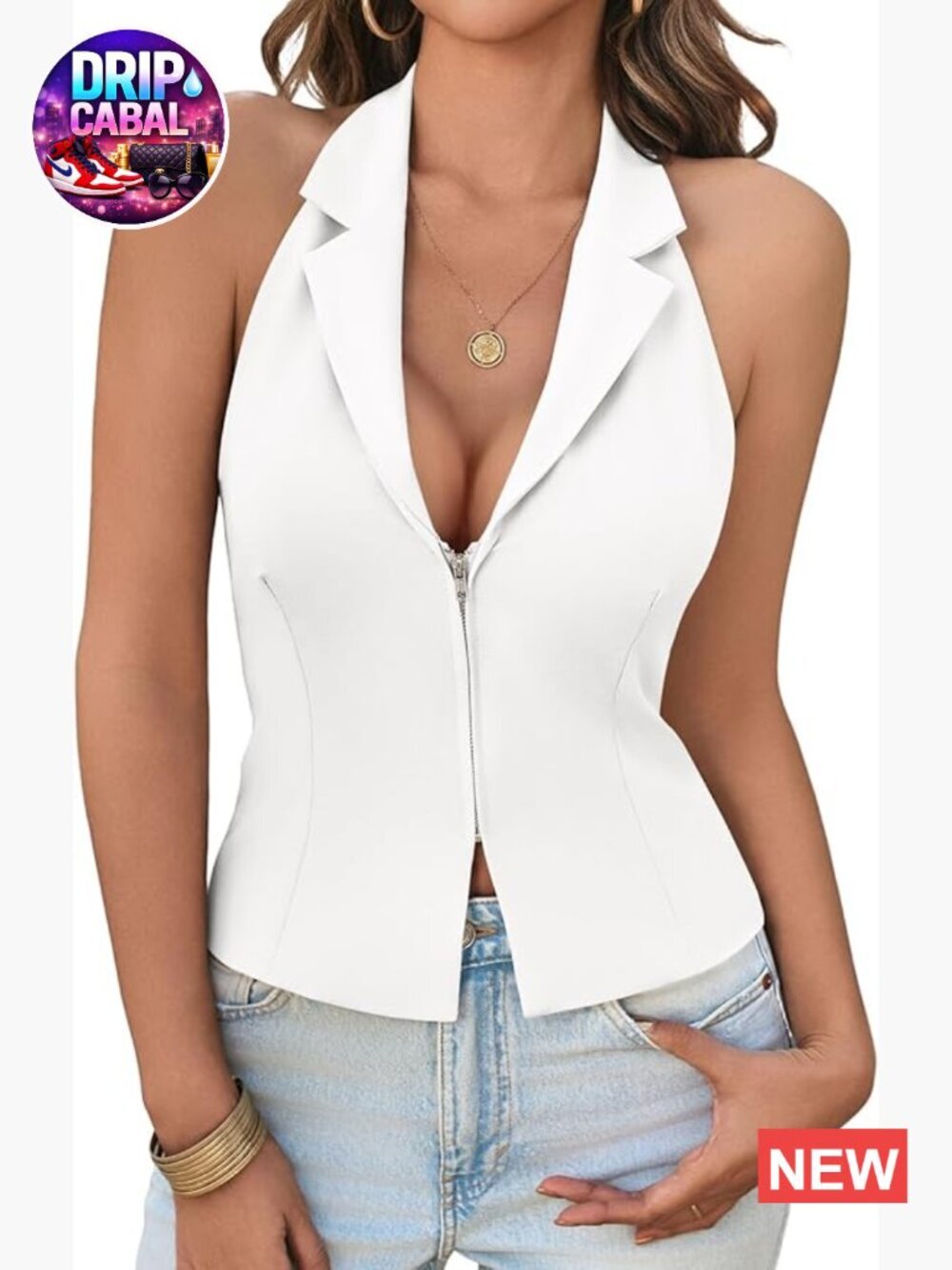 Halter Deep V Neck Zip Up Backless Smocked Waistcoat Blazer Vest